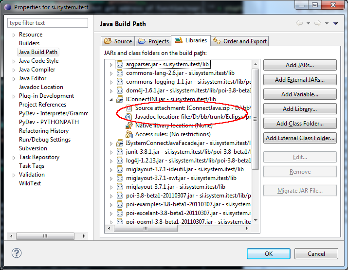 Set
values for 'Source attachment' and 'Javadoc location' for
IConnectJNI.jar in build path.
