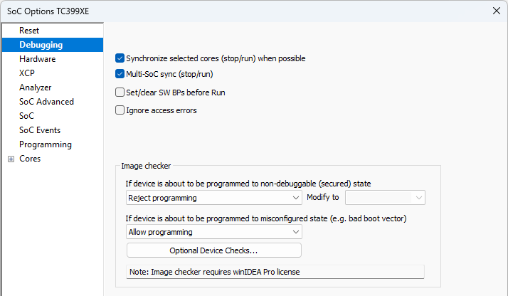 Debugging page of SoC Options dialog (architecture-specific)